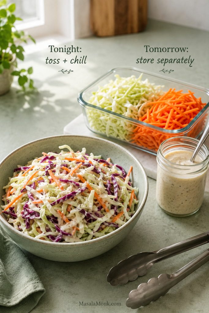 Dressed coleslaw for same-day serving beside separate containers of cabbage and dressing for make-ahead prep.