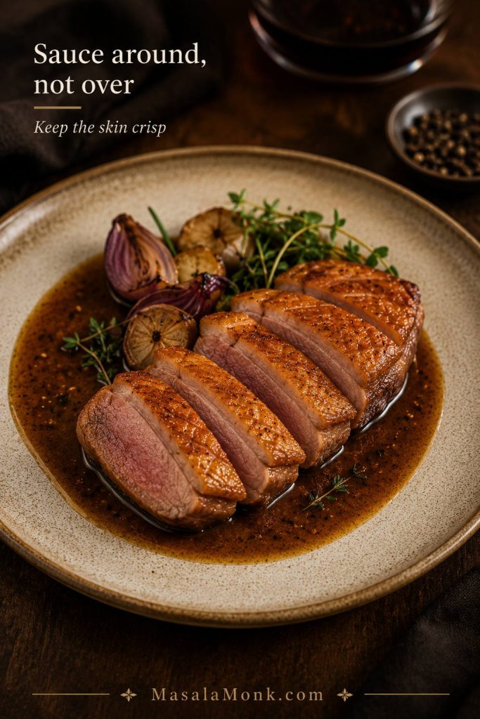 Sliced duck breast plated with orange sauce around the slices while the crispy skin stays uncovered