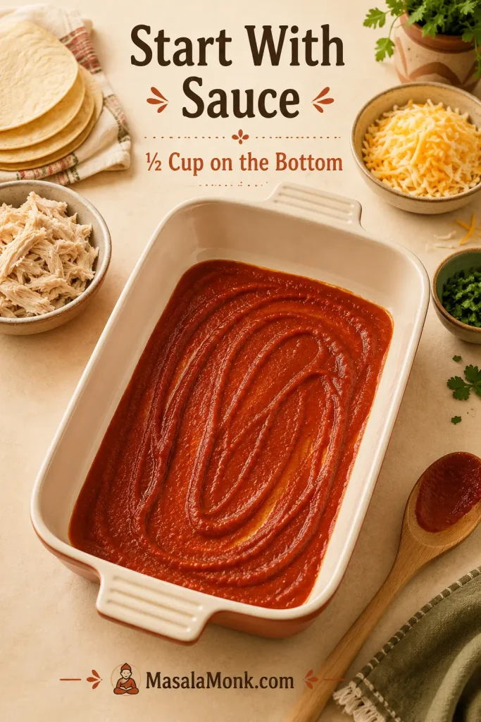 Red enchilada sauce spread in a thin layer on the bottom of a 9x13 baking dish before adding tortillas.