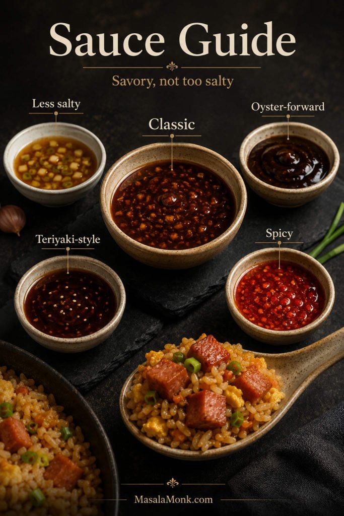 A sauce guide showing small bowls labeled classic, less salty, oyster-forward, teriyaki-style, and spicy beside a spoonful of fried rice.