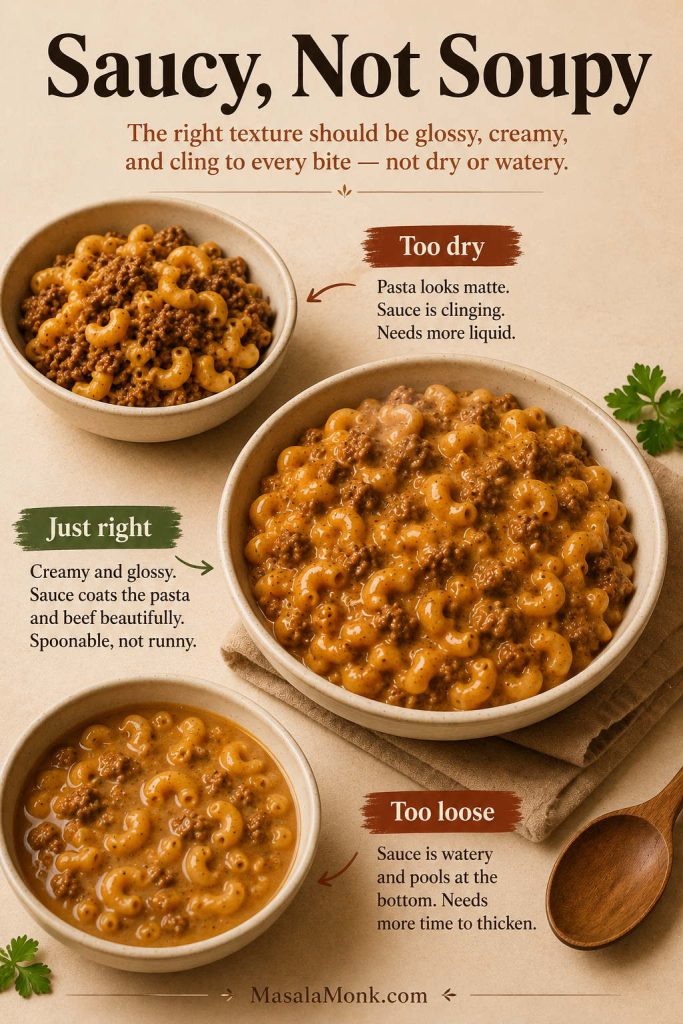Texture guide for homemade Hamburger Helper showing too dry, just right, and too loose sauce consistency.