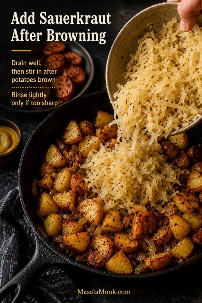 Well-drained sauerkraut being added from a bowl to browned potatoes and kielbasa in a skillet.