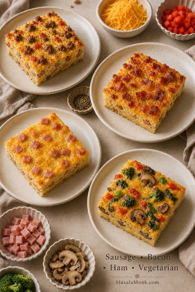 Four hash brown breakfast casserole variations with sausage, bacon, ham, and vegetarian fillings on separate plates.