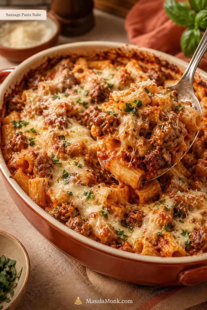 Baked sausage pasta in a ceramic dish with golden melted cheese, visible pasta, sausage pieces, and bubbling edges.