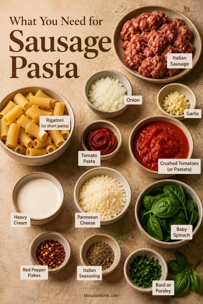 Ingredients for sausage pasta including Italian sausage, rigatoni, tomato paste, cream, parmesan, spinach, garlic, onion, and seasonings.