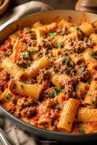 Creamy tomato sausage pasta with rigatoni, browned Italian sausage crumbles, parmesan, and parsley in a warm bowl.