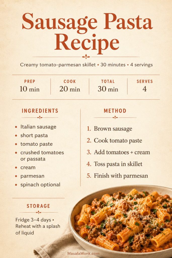 Recipe card for creamy tomato-parmesan sausage pasta with timing, servings, ingredients, method steps, and storage cue.