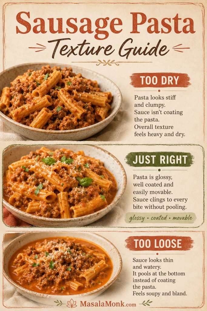 Sausage pasta texture guide comparing too dry, just right, and too loose pasta with creamy tomato sauce.