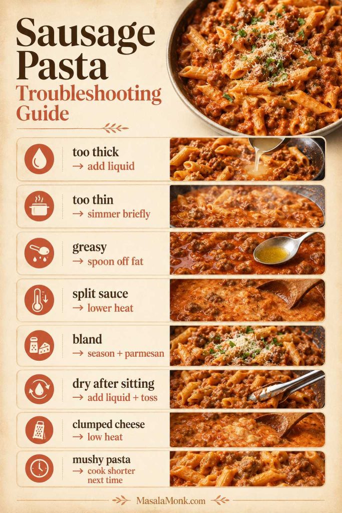 Troubleshooting guide for sausage pasta with fixes for thick, thin, greasy, split, bland, dry, clumped, and mushy pasta.