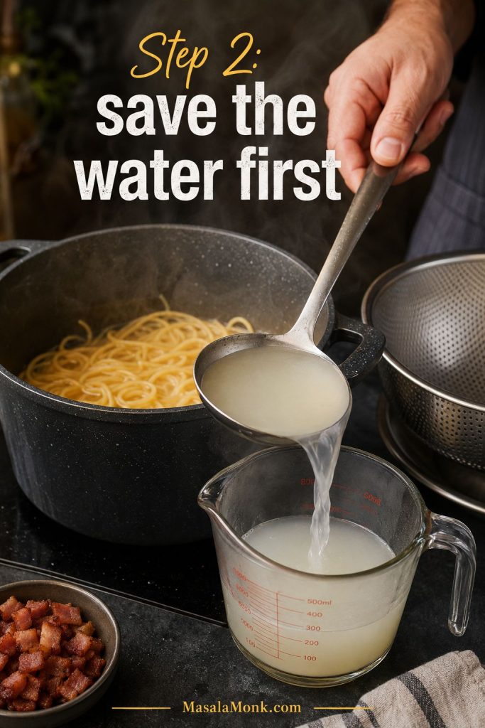 Cloudy pasta water being ladled from a pot of spaghetti into a measuring cup before draining.