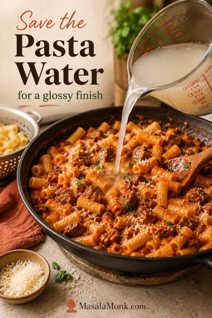 Cloudy reserved pasta water being poured near a skillet of creamy tomato sausage pasta.