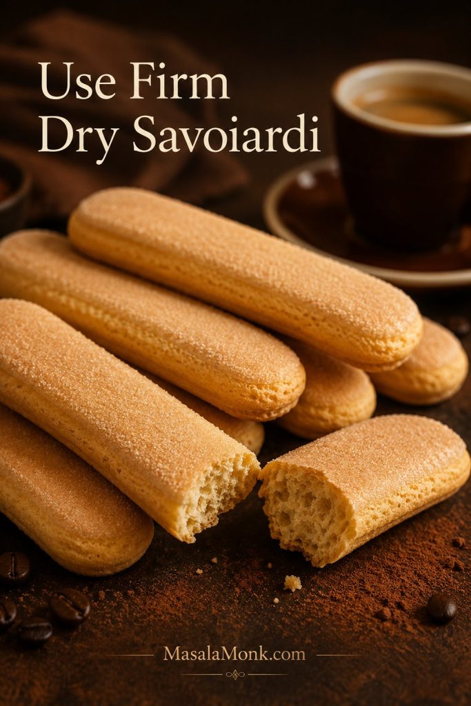 Firm dry savoiardi ladyfingers arranged diagonally, with one broken open to show the airy biscuit texture.