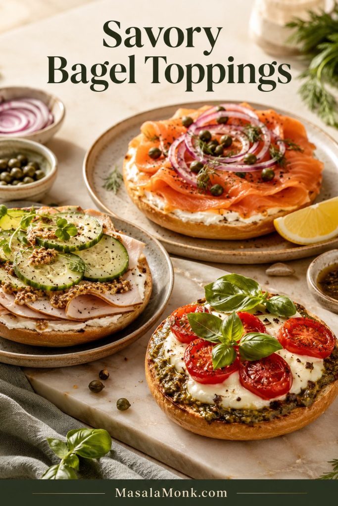 Savory bagels with smoked salmon, turkey cucumber, pesto mozzarella tomato, cream cheese, capers, herbs, and vegetables.