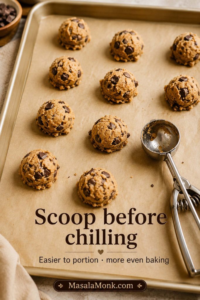 Brown butter cookie dough scooped onto a parchment-lined baking tray before chilling.
