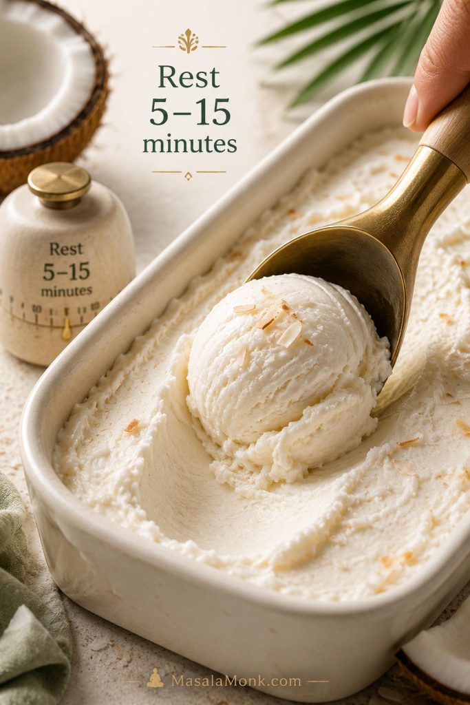 Coconut ice cream being scooped cleanly after resting at room temperature with a small timer nearby.