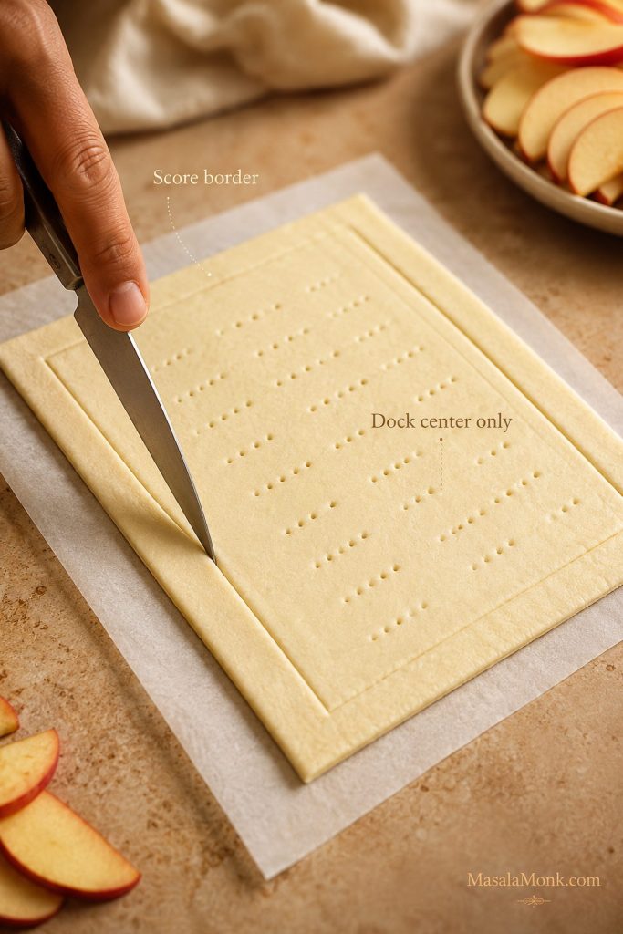 Puff pastry scored around the border and docked in the center with fork marks for apple tart.