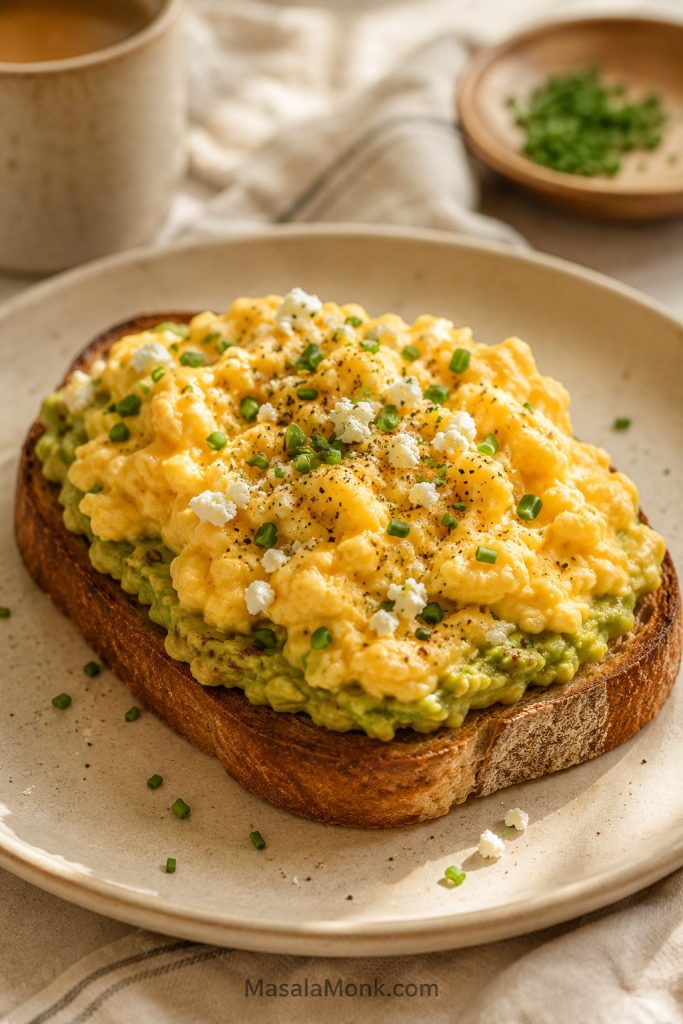 Scrambled egg avocado toast with soft eggs, seasoned avocado, chives, black pepper, and toasted bread.