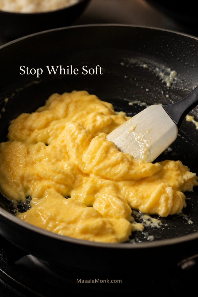 Soft scrambled eggs in a skillet being moved with a spatula while still glossy and tender.