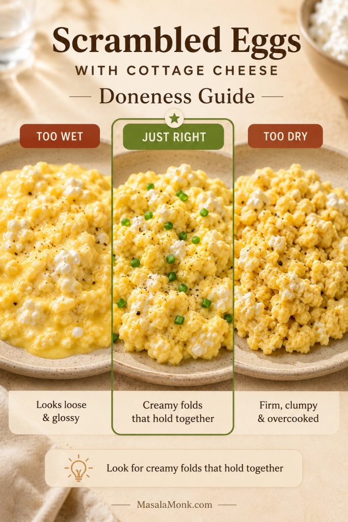 Doneness guide for cottage cheese scrambled eggs showing too wet, just right, and too dry textures.