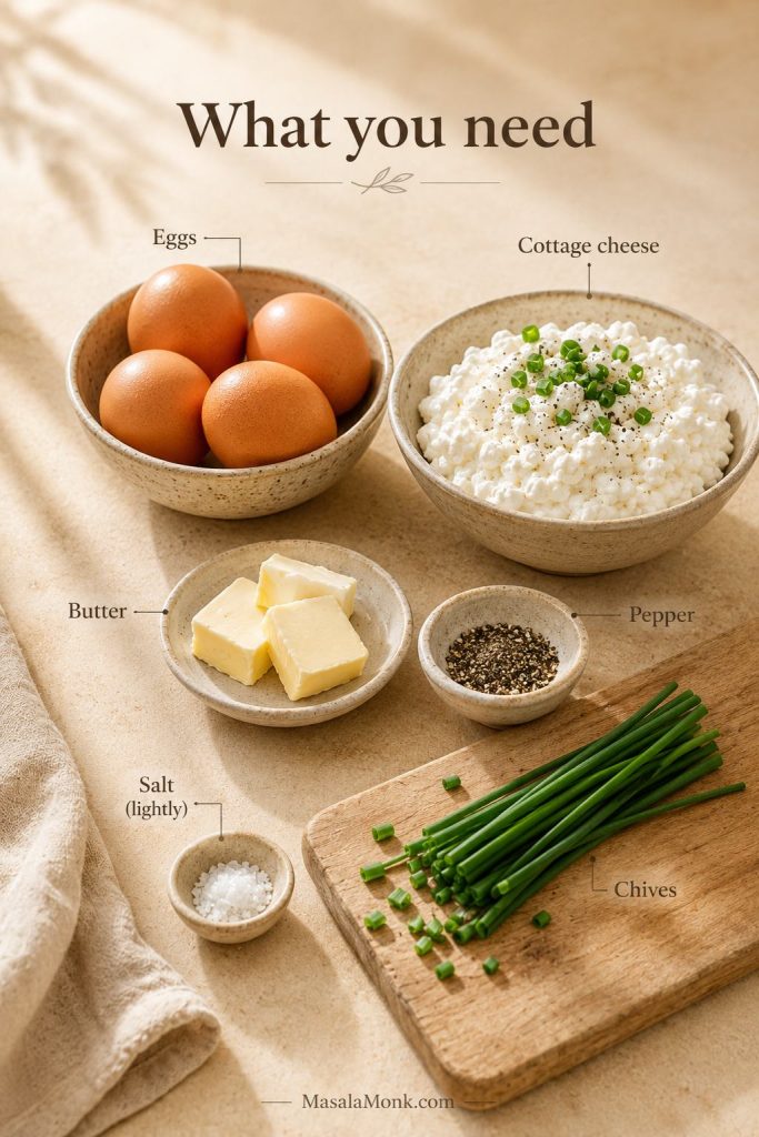 Ingredients for scrambled eggs with cottage cheese including eggs, cottage cheese, butter, pepper, salt, and chives.
