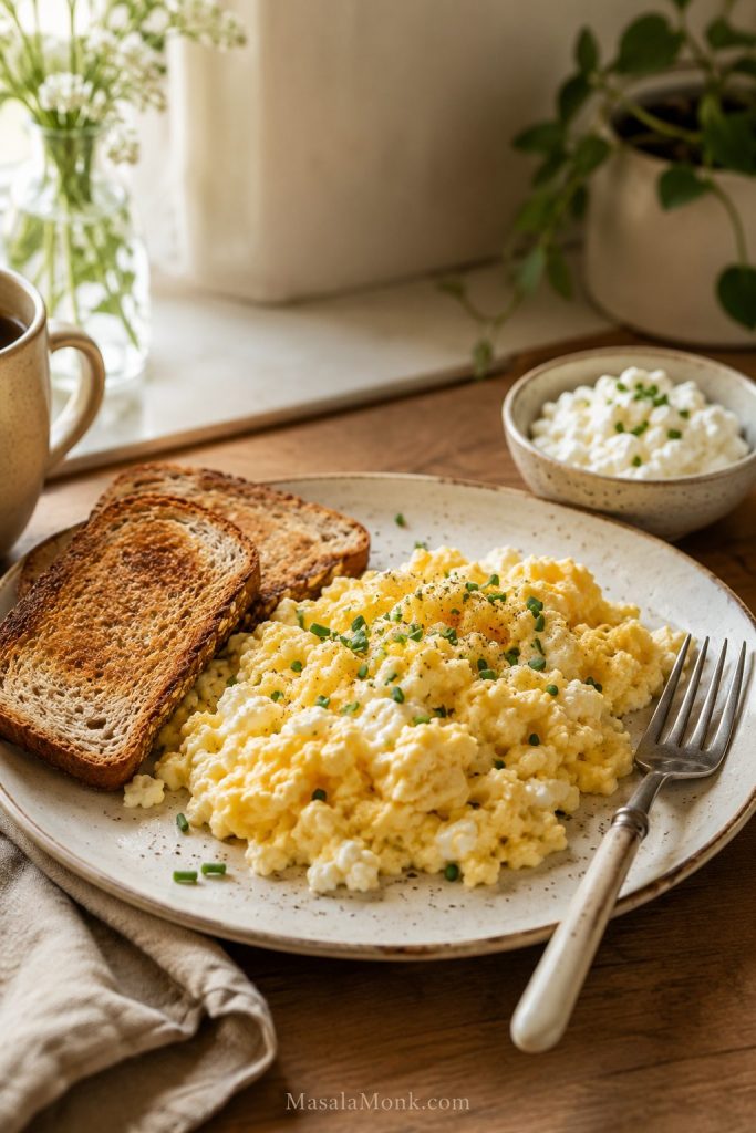 Final serving of scrambled eggs with cottage cheese with toast, a fork, cottage cheese, and a warm breakfast table setting.