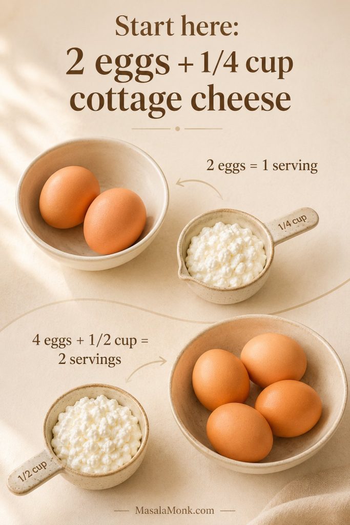 Ratio guide showing 2 eggs with 1/4 cup cottage cheese and 4 eggs with 1/2 cup cottage cheese.