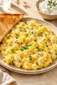 Scrambled eggs with cottage cheese served on a plate with toast, chives, and black pepper.