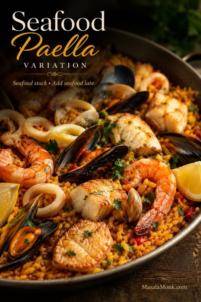 Seafood paella variation with saffron rice, shrimp, mussels, clams, squid, scallops, lemon, and parsley in a wide pan.