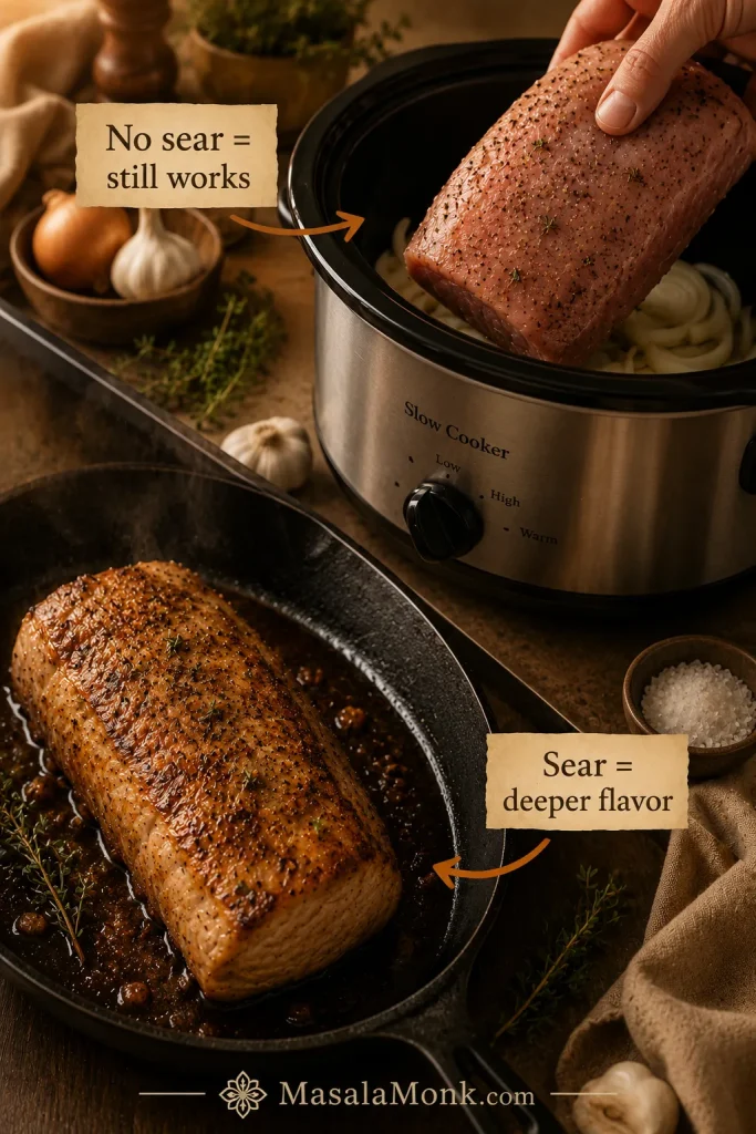 Comparison of a seared pork loin in a skillet and an unseared seasoned pork loin going into a slow cooker.