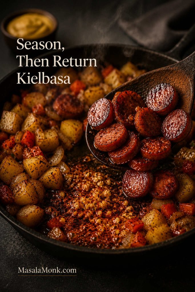 Kielbasa being returned to a skillet with potatoes, vegetables, garlic, and paprika.