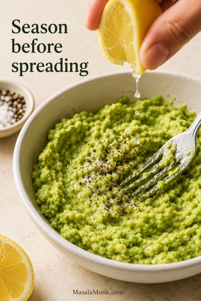 Close-up of avocado mash being seasoned with lemon juice, salt, pepper, and a fork before spreading.