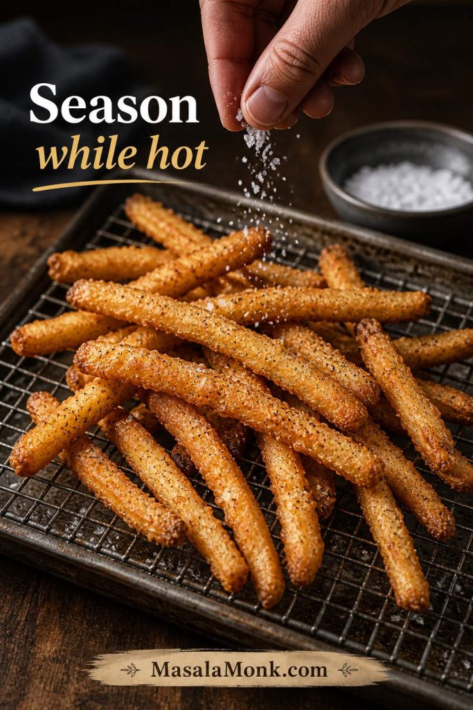 Freshly fried battered fries being salted on a wire rack while still hot.