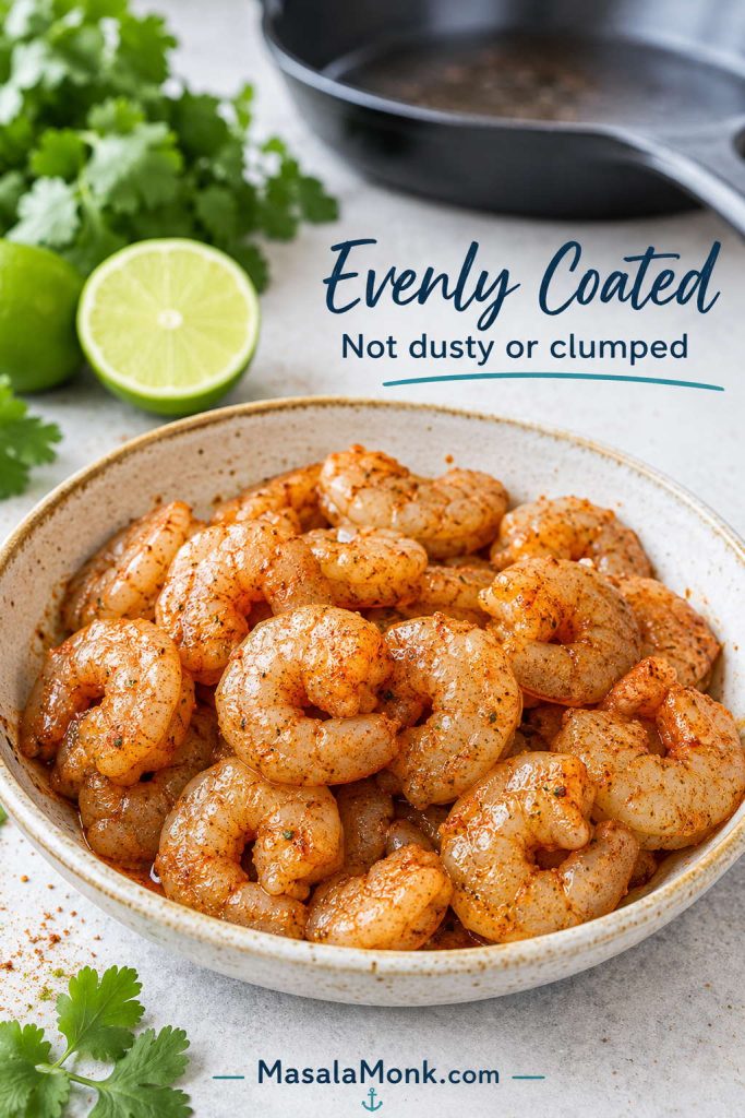 Raw shrimp evenly coated with taco seasoning in a bowl before cooking in a skillet