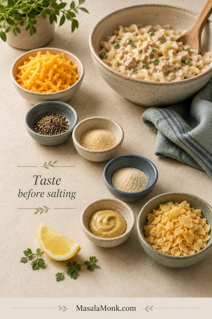 Cheddar, pepper, garlic powder, onion powder, Dijon, lemon, and crushed topping arranged for seasoning tuna noodle casserole.