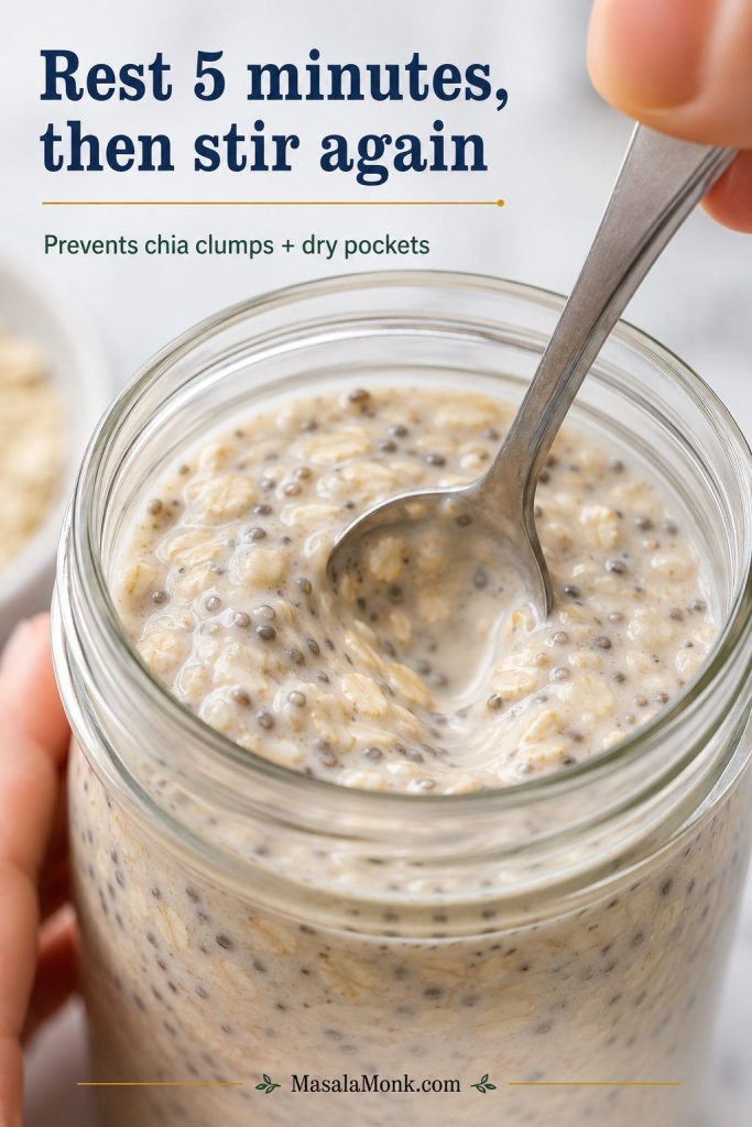 Close-up of overnight oats being stirred again after a short rest to prevent chia clumps and dry pockets.