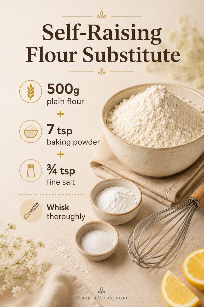 Plain flour, baking powder, salt, and a whisk arranged as a self-raising flour substitute guide for scones.