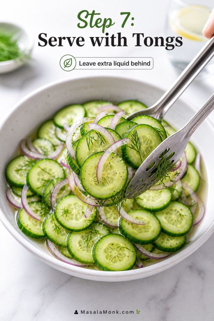 Cucumber salad being lifted from a bowl with tongs or a slotted serving utensil.