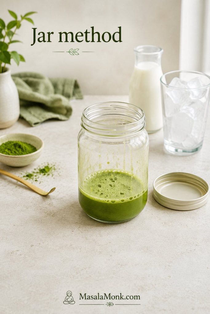 Foamy matcha shot in a clear shaker jar with milk and ice nearby
