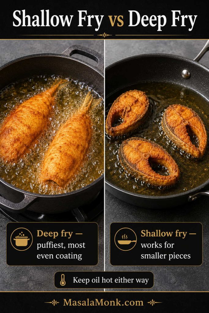 Split comparison of deep frying battered fish in a pot and shallow frying smaller battered fish pieces in a skillet