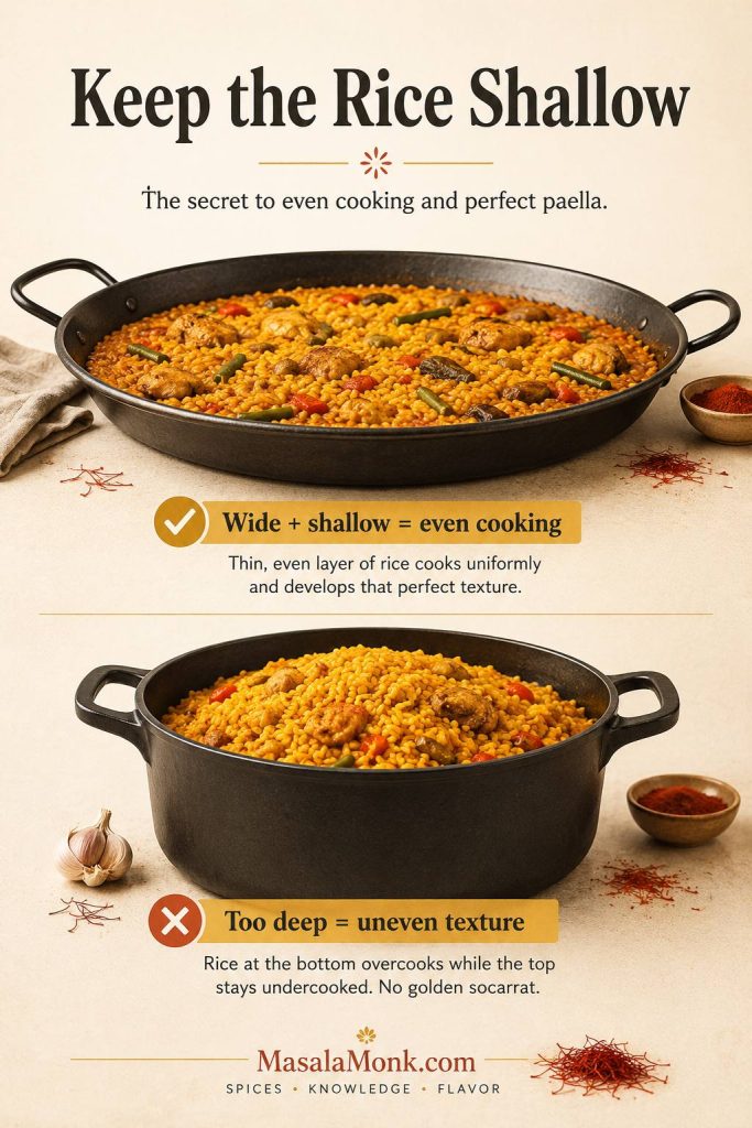 Comparison showing paella rice in a shallow wide pan versus rice piled too deep in a pot.