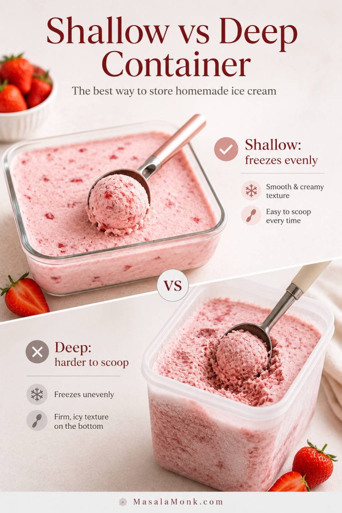 Shallow container and deep container compared for storing homemade strawberry ice cream