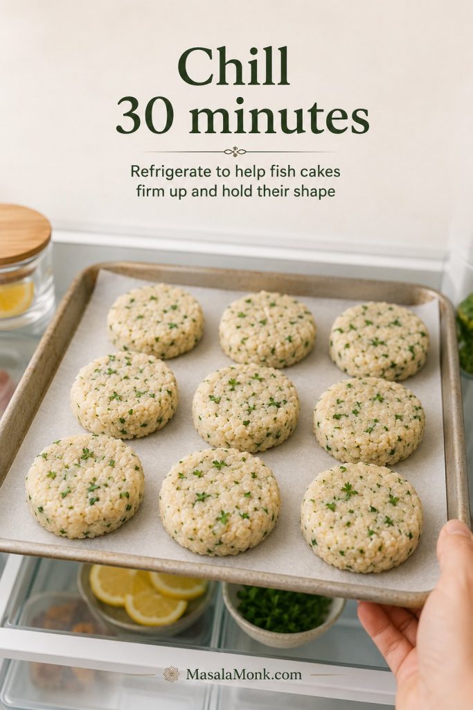 Shaped fish cake patties arranged on a tray and chilled before coating