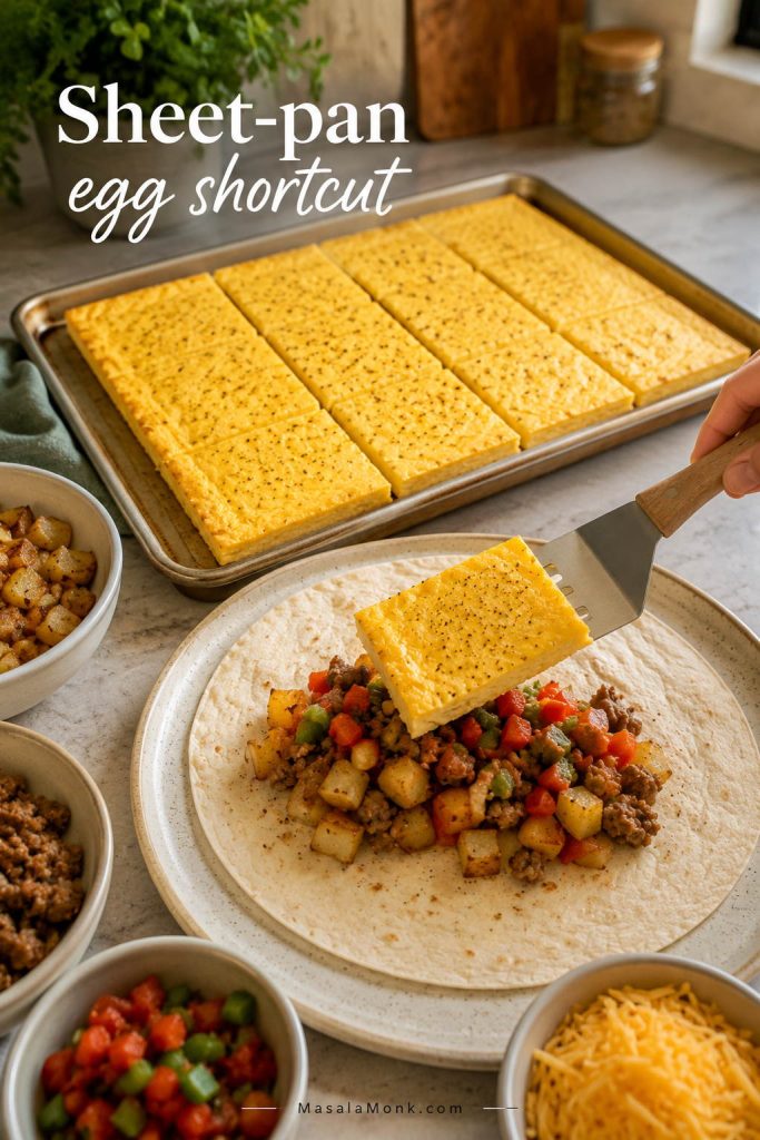 Sheet-pan eggs cut into even portions for assembling meal prep breakfast burritos.