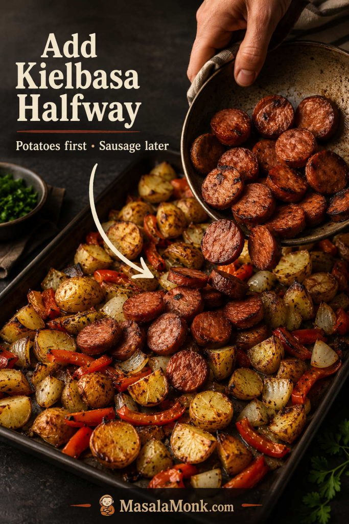Hand adding sliced kielbasa to a sheet pan of partially roasted potatoes and vegetables.