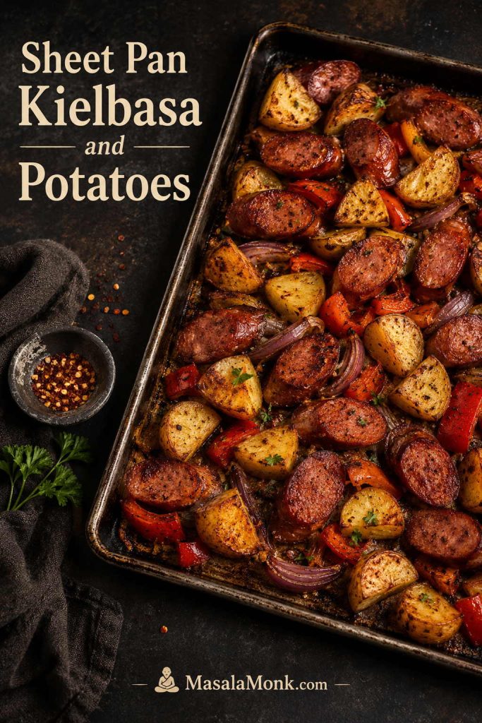 Sheet pan with kielbasa, potatoes, and peppers spread in one layer for oven roasting.