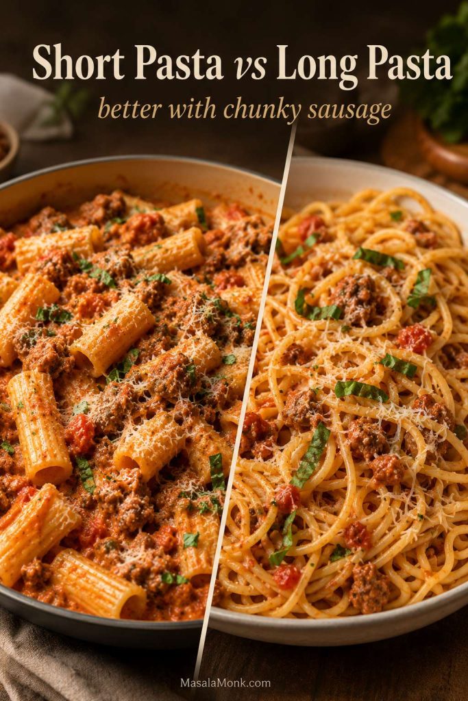Short pasta and long pasta compared with chunky sausage sauce, showing short pasta holding sausage and sauce more evenly.