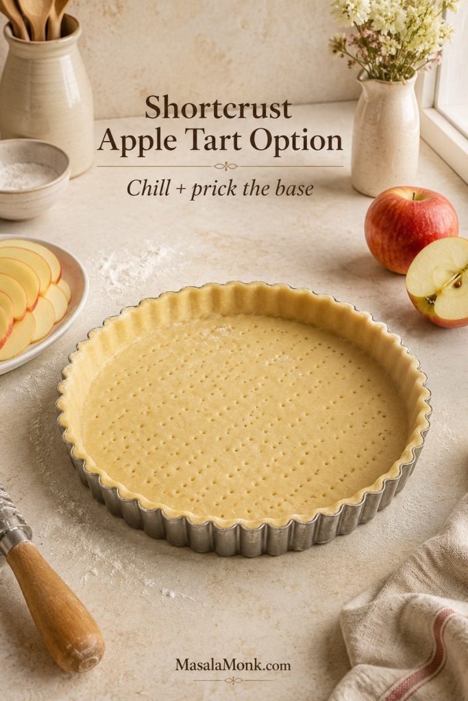 Shortcrust pastry in a fluted tart pan with a fork-pricked base and apple slices nearby.