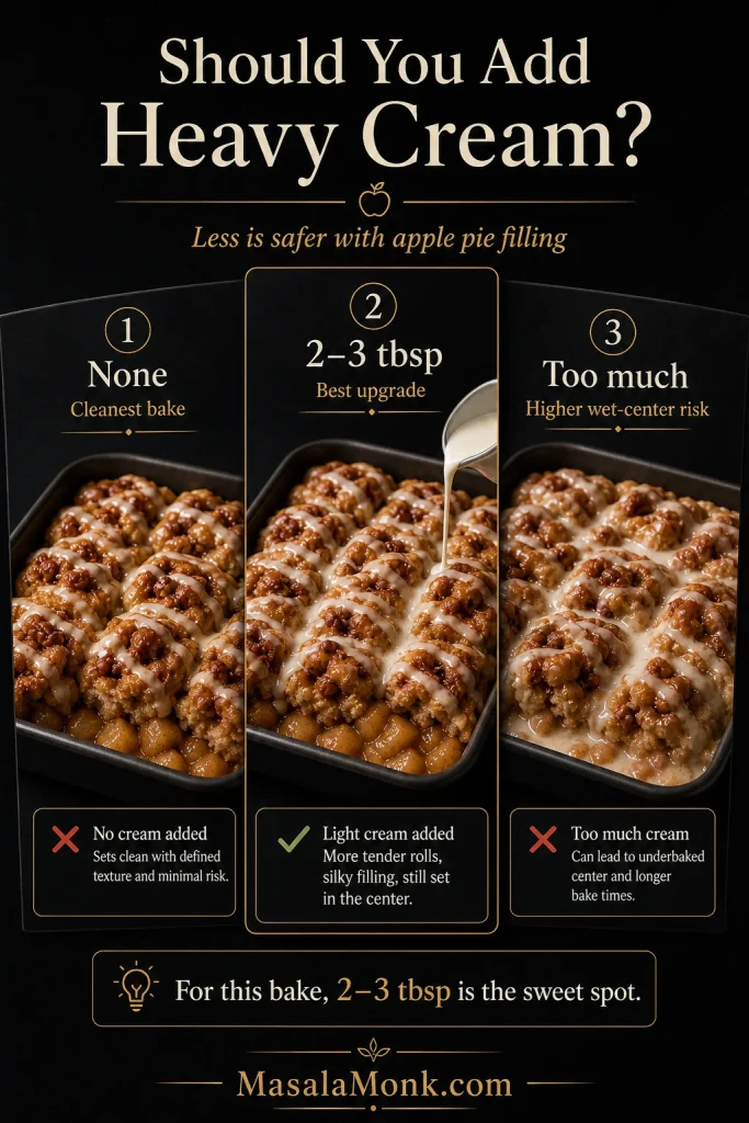 Heavy cream guide for apple cinnamon roll bake comparing no cream, 2 to 3 tablespoons of cream, and too much cream.