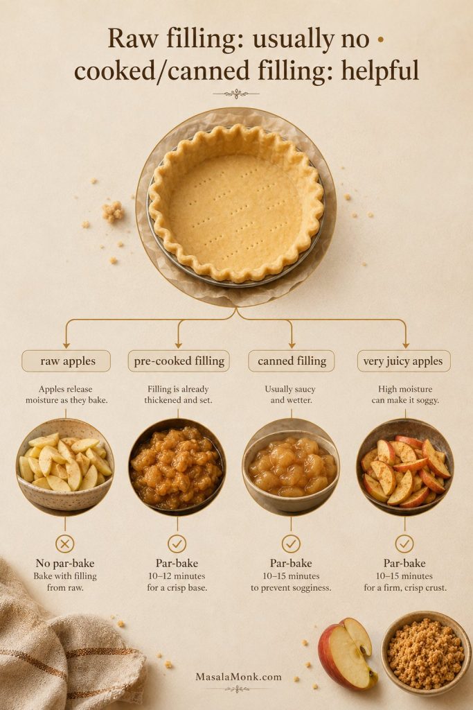 Par-bake decision guide showing raw apples usually do not need par-baking, while pre-cooked, canned, or very juicy fillings may benefit from it.