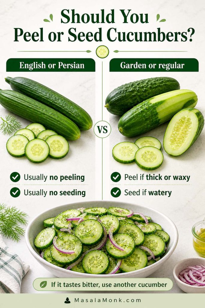 Decision guide showing when to peel or seed English, Persian, garden, or regular cucumbers for salad.
